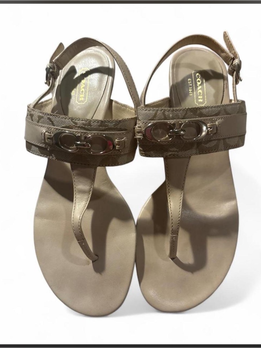 Coach Taupe Leather T-Strap Sandals with Signature Hardware
